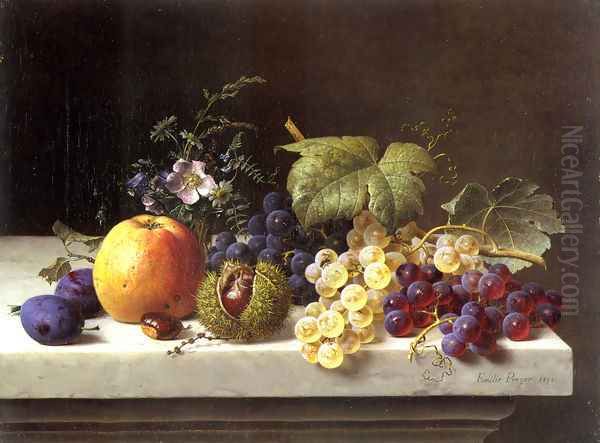 Grapes Plums Etc. On A Marble Ledge Oil Painting by Emilie Preyer