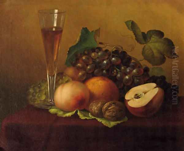 An autumn still life with grapes, walnuts, a glas of wine and a pear Oil Painting by Emilie Preyer