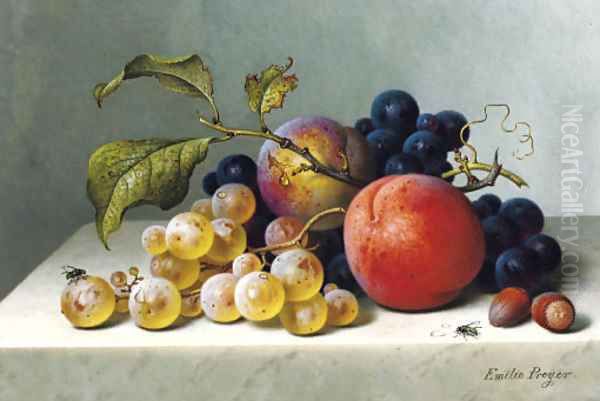 Peaches and grapes on a marble ledge Oil Painting by Emilie Preyer