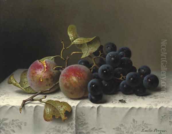 Prunes and grapes on a damast tablecloth Oil Painting by Emilie Preyer