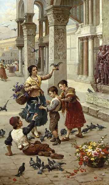 Feeding the Pigeons at Piazza St. Marco, Venice Oil Painting by Antonio Paoletti