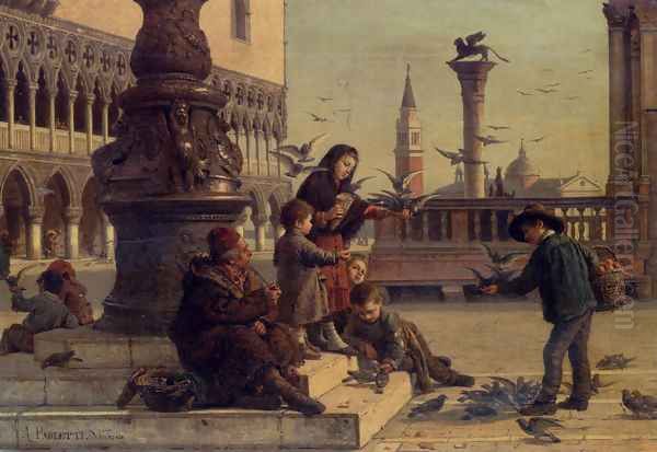 Feeding The Pigeons Oil Painting by Antonio Paoletti