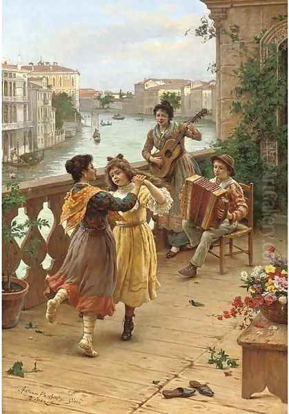 On a Venetian balcony Oil Painting by Antonio Paoletti