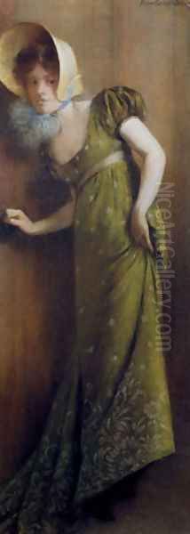 Carrier Belleuse Elegant Woman In A Green Dress Oil Painting by Carrier-belleuse Pierre