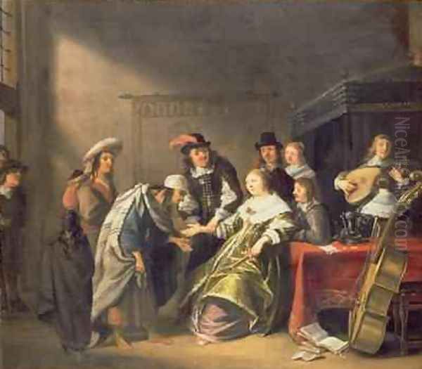 A Bourgeois Interior with a Gypsy Telling a Ladys fortune Oil Painting by Anthonie Palamedesz