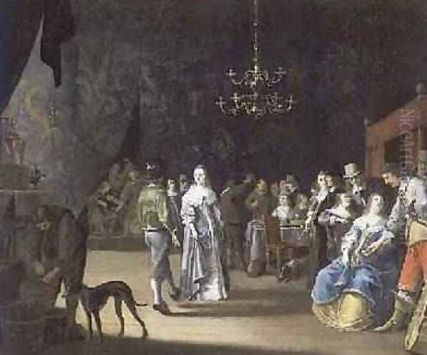 The Banquet, a couple dancing with feasting and revelling in the background Oil Painting by Anthonie Palamedesz