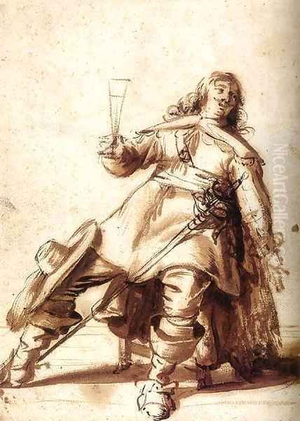 Seated Cavalier with a Sword and a Raised Glass Oil Painting by Anthonie Palamedesz