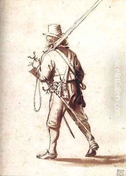 Walking Musketeer Seen from Behind Oil Painting by Anthonie Palamedesz