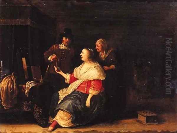 A gentleman offering a piece of jewelery to a woman in interior Oil Painting by Anthonie Palamedesz