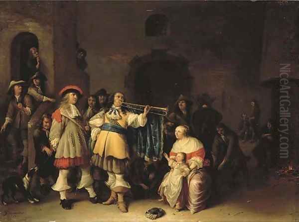 A guardroom interior with an officer sounding a trumpet before a mother and child Oil Painting by Anthonie Palamedesz