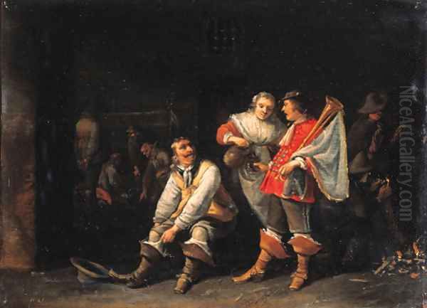 An officer pulling on his boot as a maid serves drink to a trumpeter in a guardroom Oil Painting by Anthonie Palamedesz