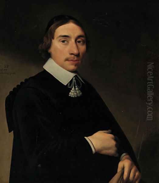 Portrait of a gentleman, aged twenty-eight, half-length, in a black gown and a black skull cap, his coat in his left hand Oil Painting by Anthonie Palamedesz