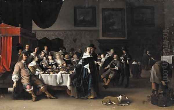 An interior with a christening party Oil Painting by Anthonie Palamedesz