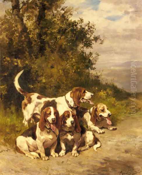 Hunting Dogs on a Forest Path Oil Painting by Charles Olivier De Penne