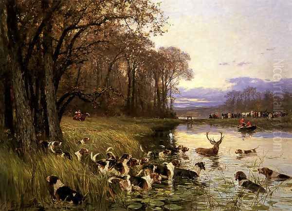 A Stag At Bay Oil Painting by Charles Olivier De Penne