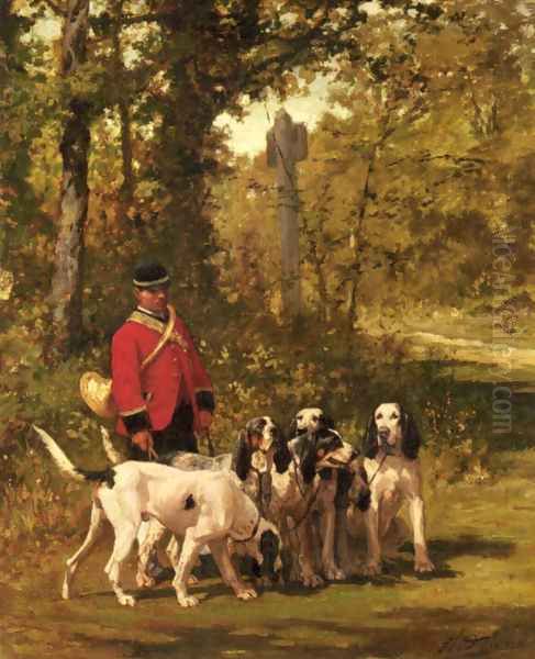 A Huntmaster with his Dogs on a Forest Trail Oil Painting by Charles Olivier De Penne