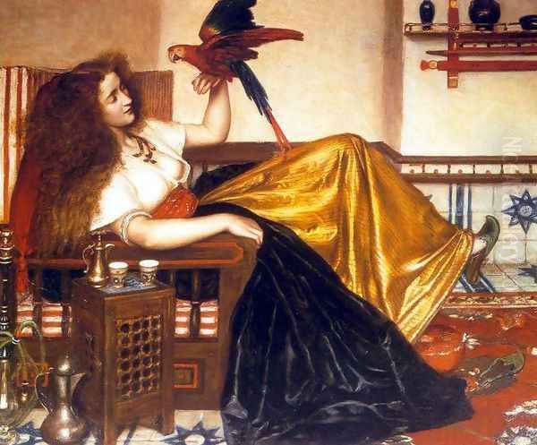 Reclining Woman with a Parrot Oil Painting by Valentine Cameron Prinsep