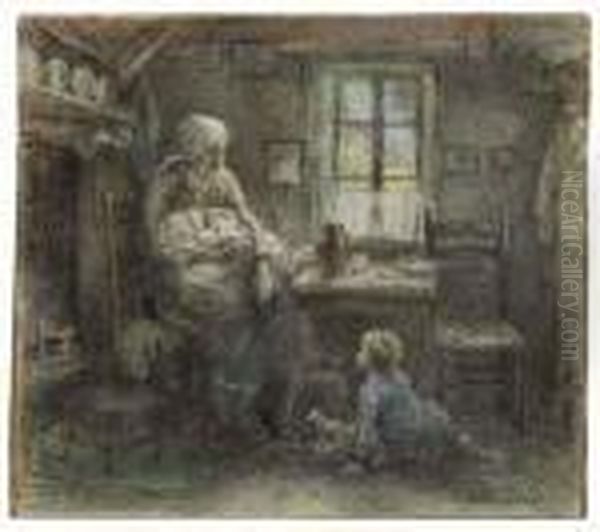 A Peasant Mother And Her Two Children In An Interior Oil Painting by Leon Augustin Lhermitte