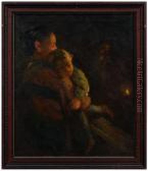 Mother Holding A Child Lit By Candlelight Oil Painting by Leon Augustin Lhermitte