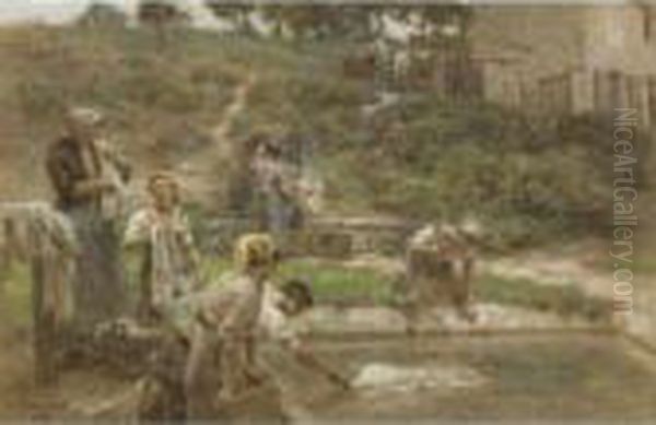 Au Lavoir, Six Figures Oil Painting by Leon Augustin Lhermitte