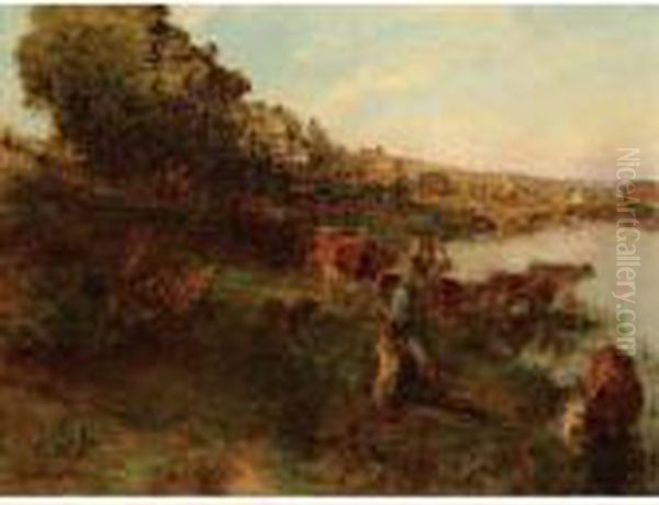 Troupeau Au Bord De L'eau Oil Painting by Leon Augustin Lhermitte