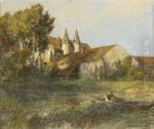 A River Landscape With Boatman Oil Painting by Leon Augustin Lhermitte