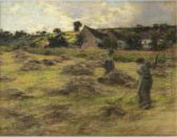 Haymaking Behind The Farm Oil Painting by Leon Augustin Lhermitte