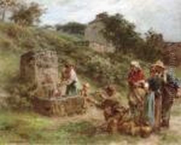 A La Fontaine Oil Painting by Leon Augustin Lhermitte