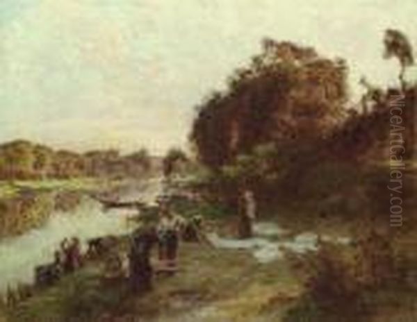 Les Lavandeuses A Chelles Oil Painting by Leon Augustin Lhermitte