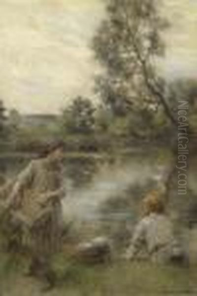 Zwei Wascherinnen An Einem Weiher. Oil Painting by Leon Augustin Lhermitte