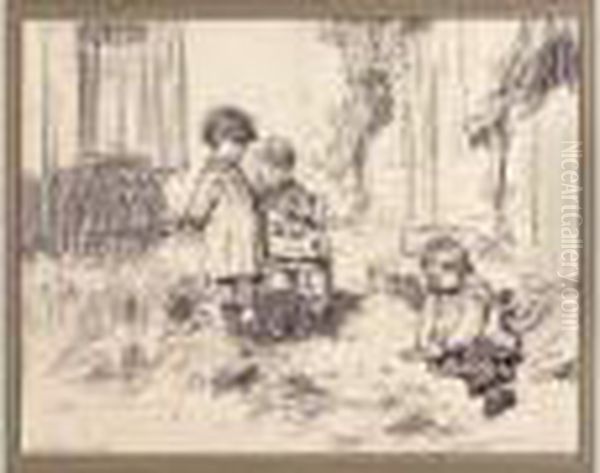 Trois Enfants Jouant Aux Billes Oil Painting by Leon Augustin Lhermitte