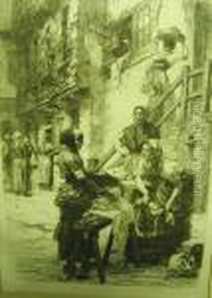 Street Scene With Women Washing Oil Painting by Leon Augustin Lhermitte