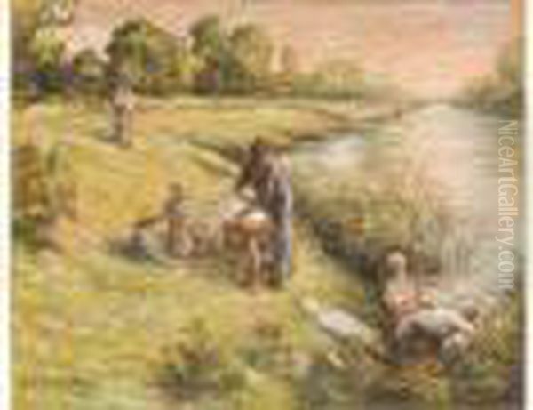 Lavandieres Et Enfants Pres D'une Riviere Oil Painting by Leon Augustin Lhermitte