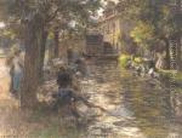 Washerwomen On The Banks Of A River Oil Painting by Leon Augustin Lhermitte