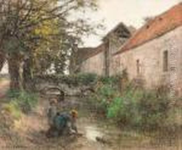 Laveuses Pres Du Petit Pont Du Ru Chailly. Oil Painting by Leon Augustin Lhermitte