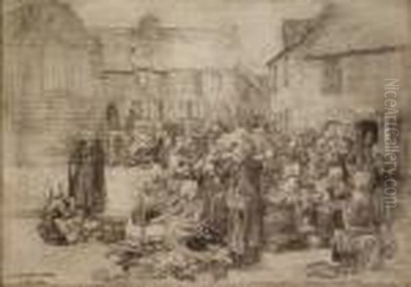 Le March Aux Pommes De Landerneau (the Apple Market Atlanderneau) Oil Painting by Leon Augustin Lhermitte