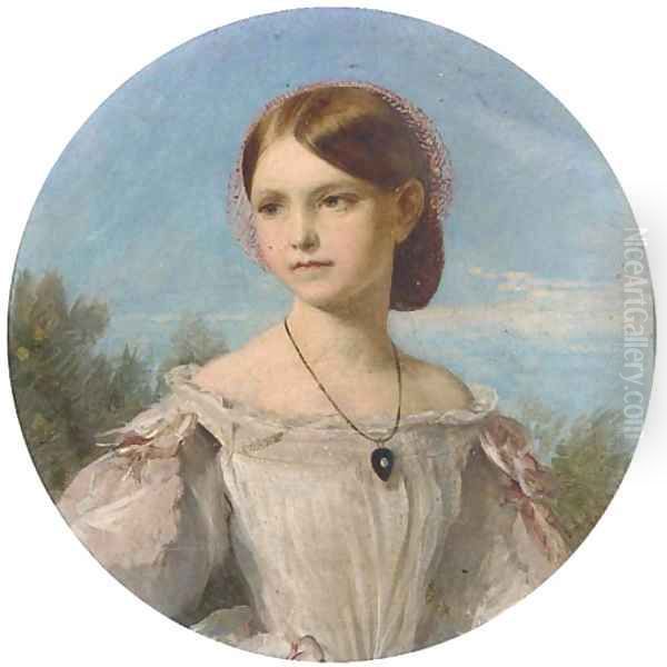 Portrait of Miss Florence Penison, small half-length, in a white dress with pink ribbon sleeves and diamond pendant, painted circle Oil Painting by John Phillip