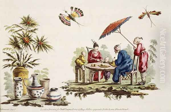 Illustration showing figures wearing Japanese apparel and parasol from For Ladies Amusement..Art of Japanning..Pillement, Jean Baptiste 1728-1808 Oil Painting by Jean-Baptiste Pillement