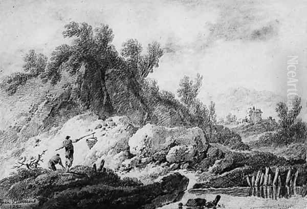 A Landscape with Fishermen by a River; and A Peasant with a Cow and a Sheep resting by a delapidated Tower, a bridge and mountains beyond Oil Painting by Jean-Baptiste Pillement