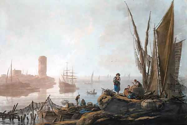 View of the River Tagus with fisherfolk on the shore, numerous vessels and an island with a tower beyond Oil Painting by Jean-Baptiste Pillement