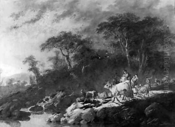 A river landscape with shepherds, cows, goats and sheep in the foreground Oil Painting by Jean-Baptiste Pillement