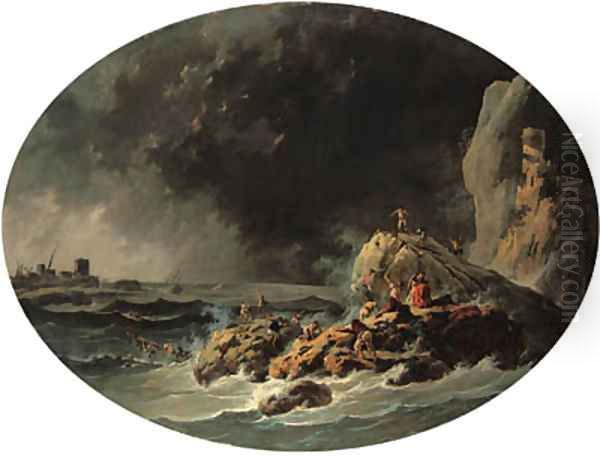 A rocky Coast by the Mouth of the Tagus, with survivors from a shipwreck near a tower Oil Painting by Jean-Baptiste Pillement