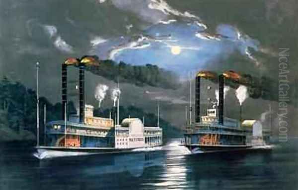 A Midnight Race on the Mississippi, after a drawing by H.D. Manning, pub. by Currier and Ives, New York, 1860 Oil Painting by Frances Flora Bond (Fanny) Palmer