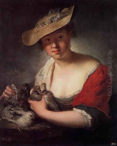 Girl with Pigeons 1728 Oil Painting by Antoine Pesne