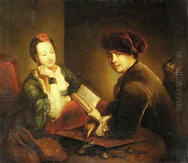 Portrait of a lady and a gentleman seated at a table in an interior Oil Painting by Antoine Pesne