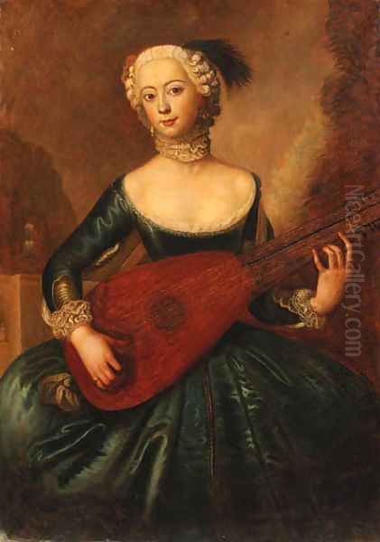 Portrait of a lady, three-quarter-length, in a blue dress, playing a lute Oil Painting by Antoine Pesne