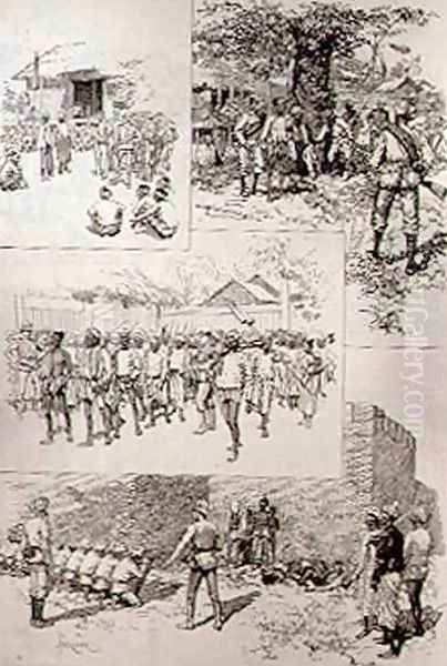 Sketches in Burmah Searching for Dacoits; Finding Dacoits; Marching Dacoits to Prison; Shooting Dacoits Outside the City Walls at Mandalay, from The Illustrated London News, 20th March 1886 Oil Painting by Melton Prior