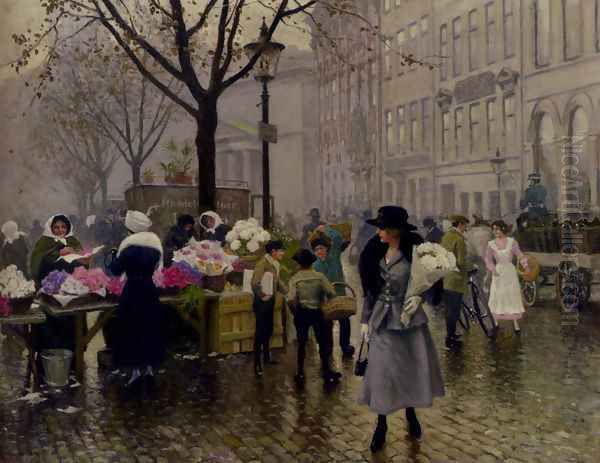 Fischer Gustave The Flower Market Copenhagen Oil Painting by Fisher Paul