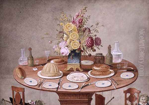 Still Life with a Vase of Flowers on a Table Set for a Meal, c.1810 Oil Painting by Jean-Louis Prevost