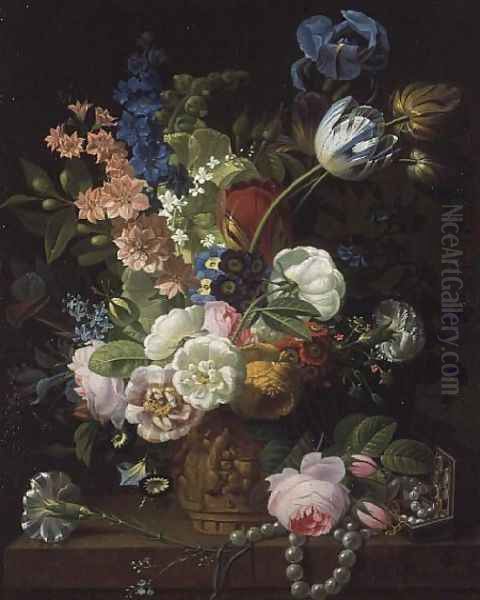 A Still Life of Roses, Tulips, Carnations, Stocks and Other Flowers in a Decorative Urn, Resting on a Stone Ledge Oil Painting by Jean-Louis Prevost